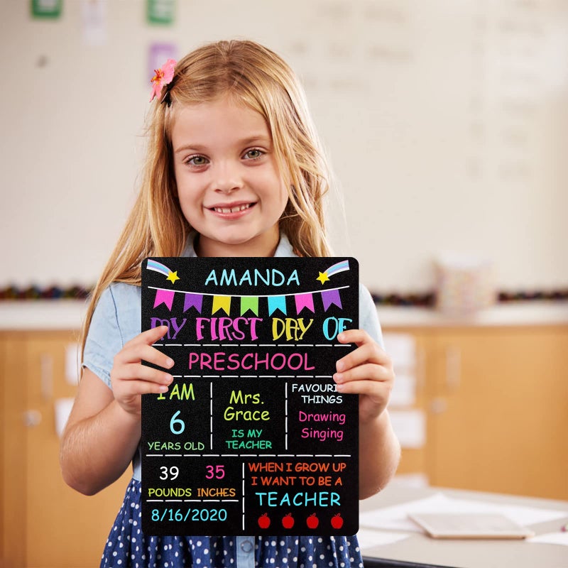 PETCEE First Day of School Sign - Double Sided First and Last Day of School Chalkboard Sign 9"x 12" 1st Day of Preschool Pre-K Kindergarten Photo Props Gifts for Kids Girls Boys Daughter Son - Image 4